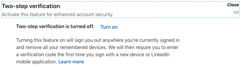 Screenshot showing LinkedIn's two-step verification turned off with the option to turn on