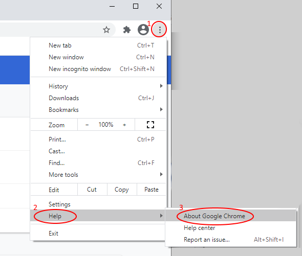 Screenshot showing to click "help" and "about Google Chrome" in the settings
