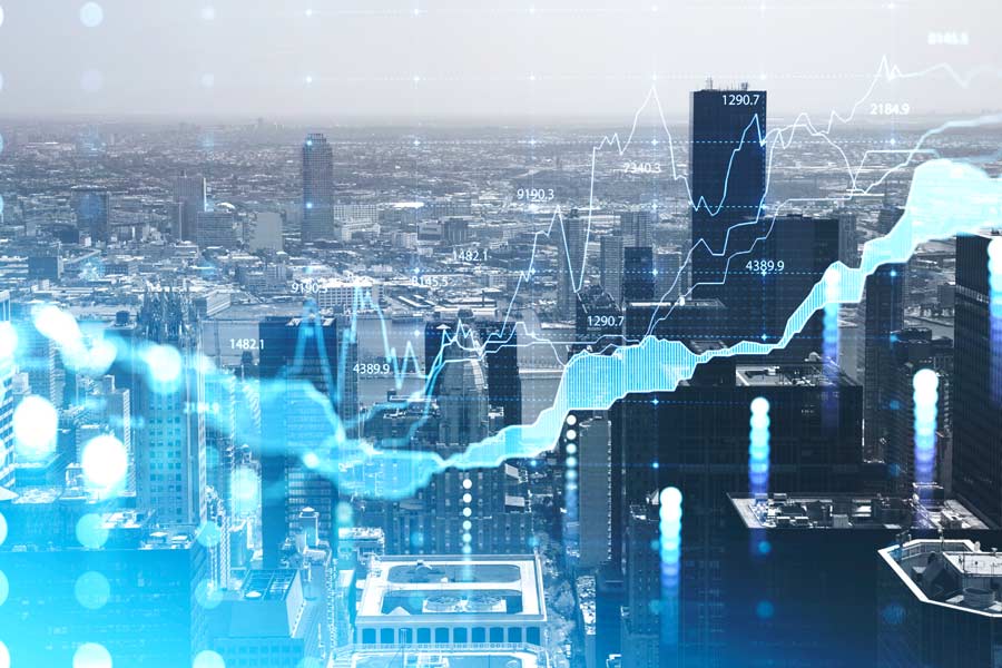 A graph overlayed on a city representing Boca Raton business security for businesses.