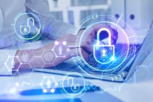 Accountant with cybersecurity lock graphics overlaid