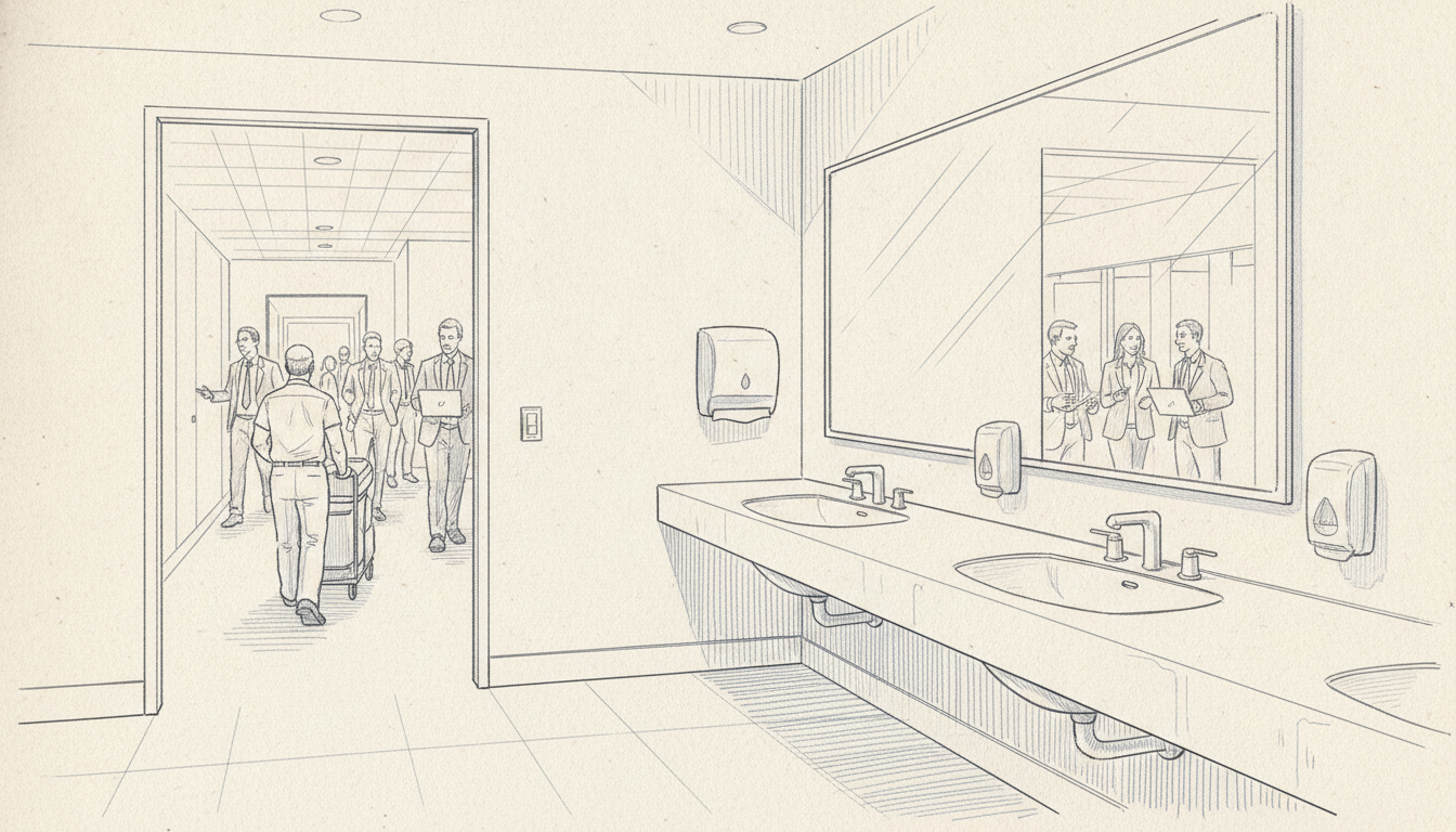 Hand-drawn sketch of a spotless office restroom, the janitor and his cleaning cart slipping away unnoticed down the hallway