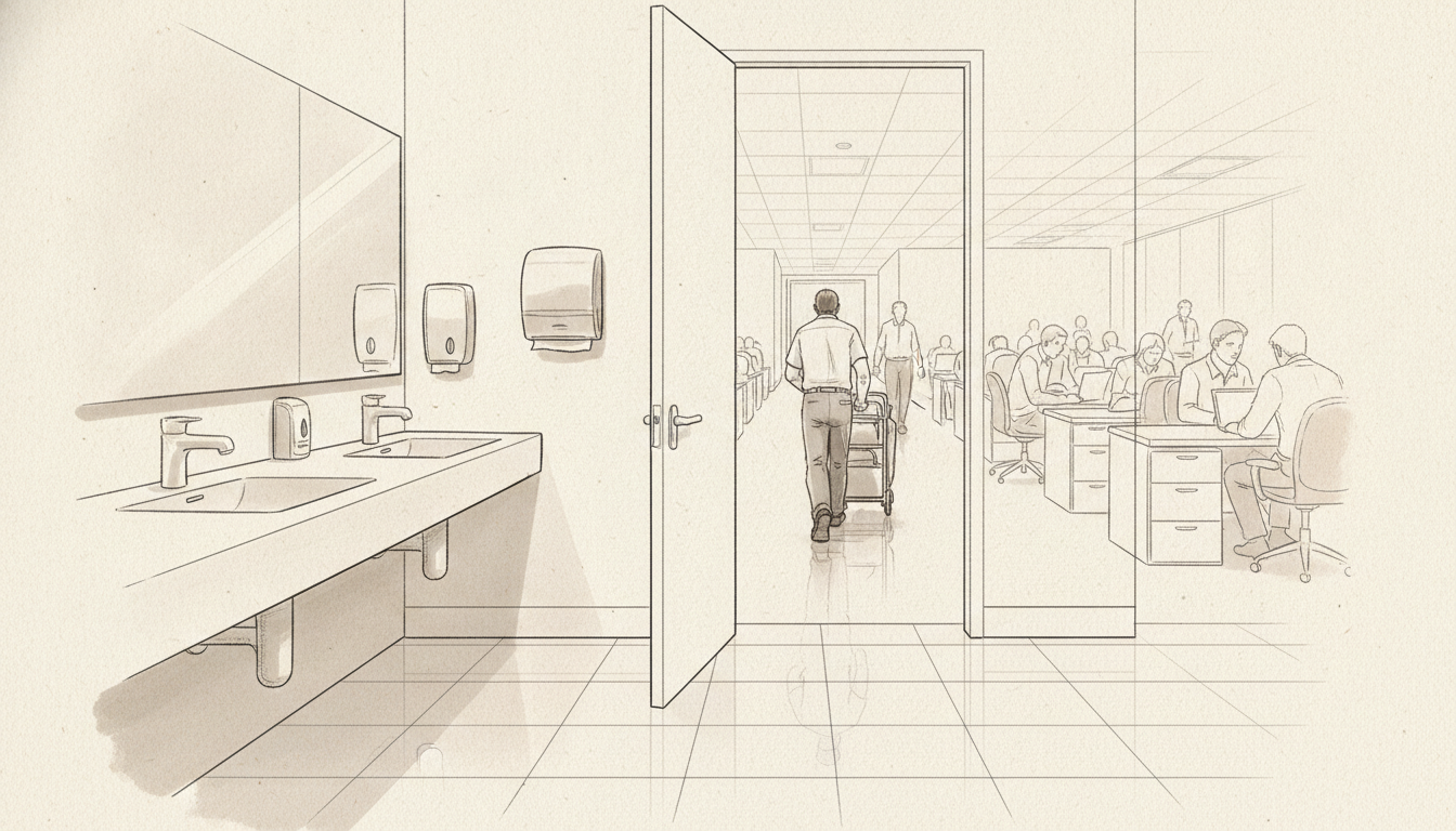 Sketch of a janitor with a cart walking out into a busy office, the restroom behind him already spotless