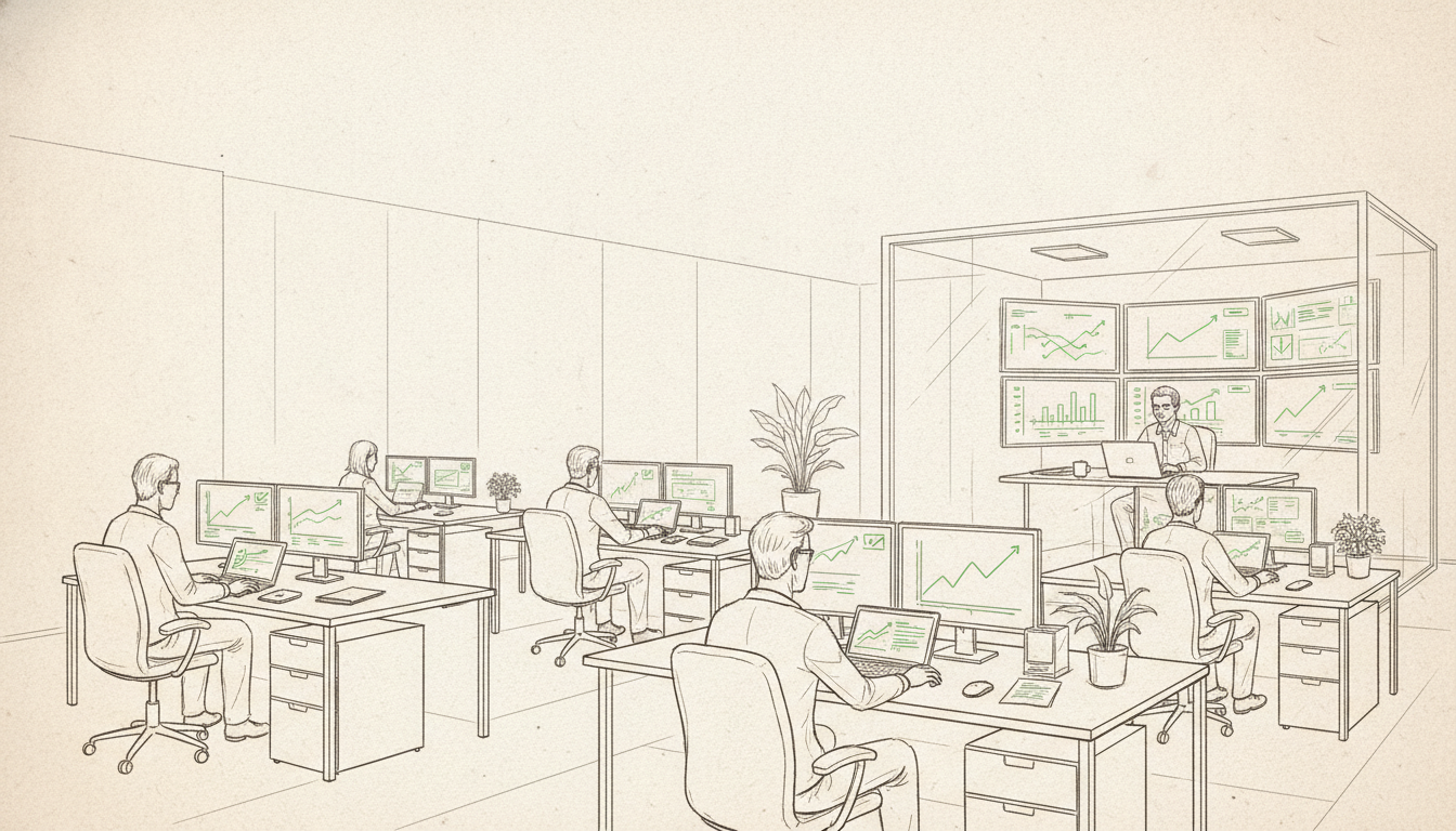 Sketch of a calm office where work hums along while an analyst watches a wall of green status monitors from a glass back room